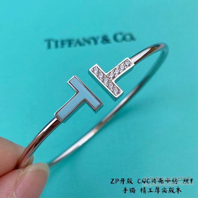 Tiffany飾品 蒂芙尼女士專櫃爆款T Square白金手鐲 Tiffany松石帶鑽雙t手鐲  zgt1698